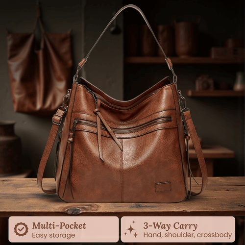 Hand-Stitched Leather Triple-Zip Shoulder Bag